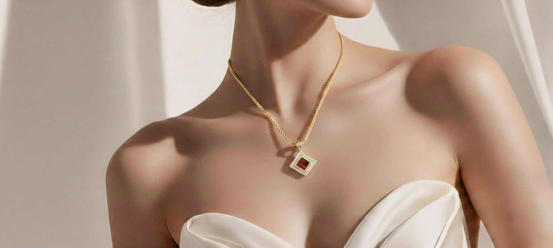 Model wearing a gold necklace with a square halo pendant, centered on her chest