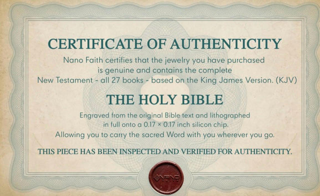 Nano Faith certificate of authenticity stating the complete KJV New Testament, all 27 books, is engraved onto a silicon chip; full border and Nano Faith seal visible