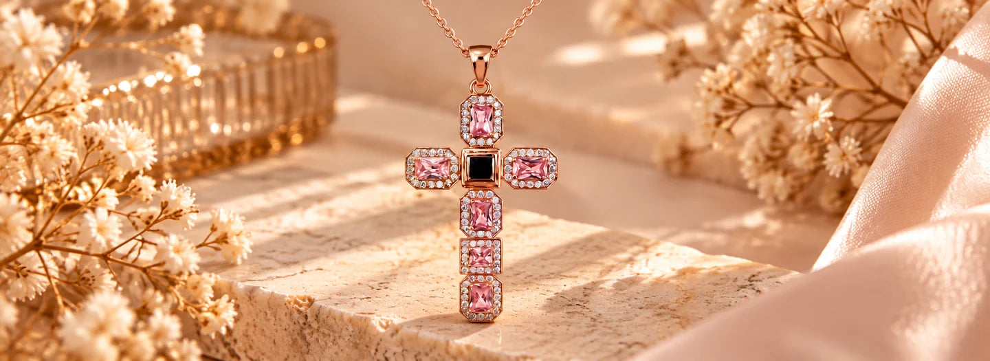 Pink cross pendant on warm travertine, surrounded by golden light and delicate flowers
