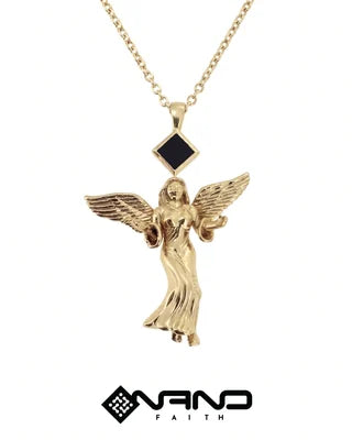 Gold angel charm necklace with a diamond-shaped dark inset above its wings