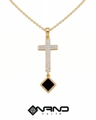 Cross necklace with a suspended dark diamond-shaped charm