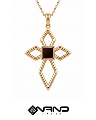 Geometric gold cross pendant with a dark square center