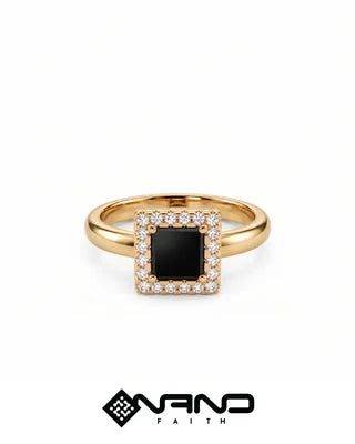 Gold ring with a square dark center surrounded by clear stones