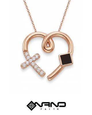 Rose gold open heart necklace with cross and dark square details