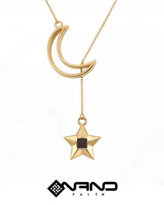 Gold crescent moon necklace with hanging stars and a tiny dark inset