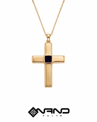 Gold cross necklace with a dark square inset