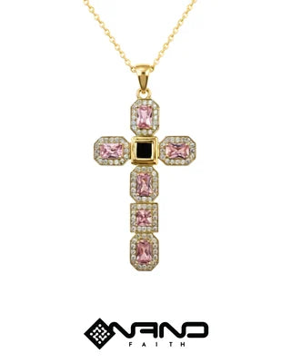 Cross necklace with pink rectangular stones framing a dark square center