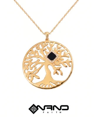 Circular gold Tree of Life pendant with a dark square near its branches