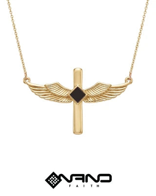 Gold cross necklace with outstretched wings and a dark center